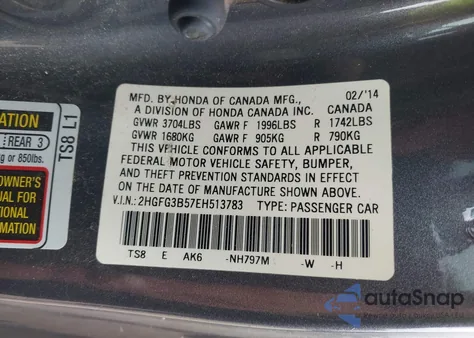 2014 Honda Civic Lx from USA, damaged, VIN 2HGFG3B57EH513783